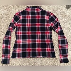 Ann Taylor Size Small Mock Turtle Neck Top Long Sleeve Plaid Pink Red Black